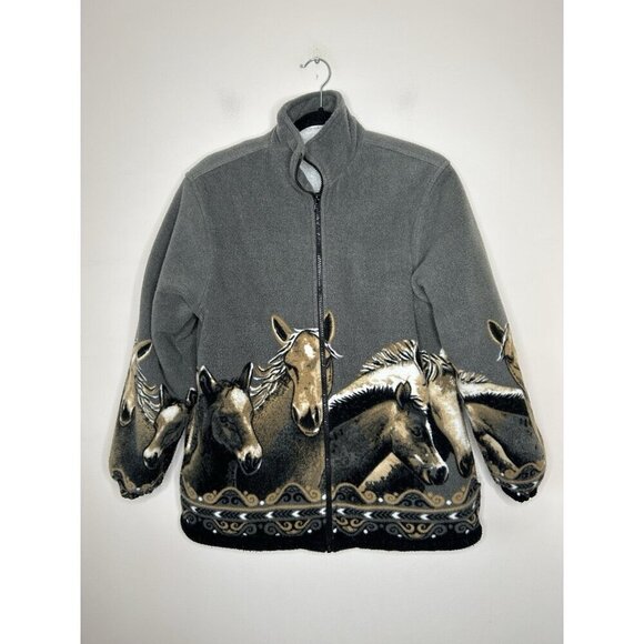 CW Classics Grey Fleece Sherpa Lining Horse Print Full Zip Jacket Women’s Small - Picture 1 of 11